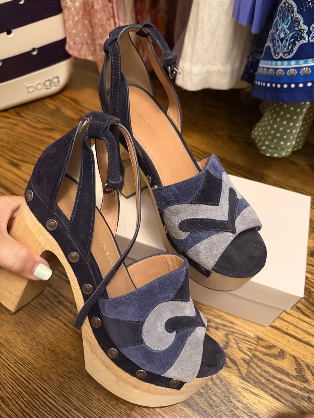 Sigerson Morrison Navy and Gray Suede Platform Sandals with Wood Heel